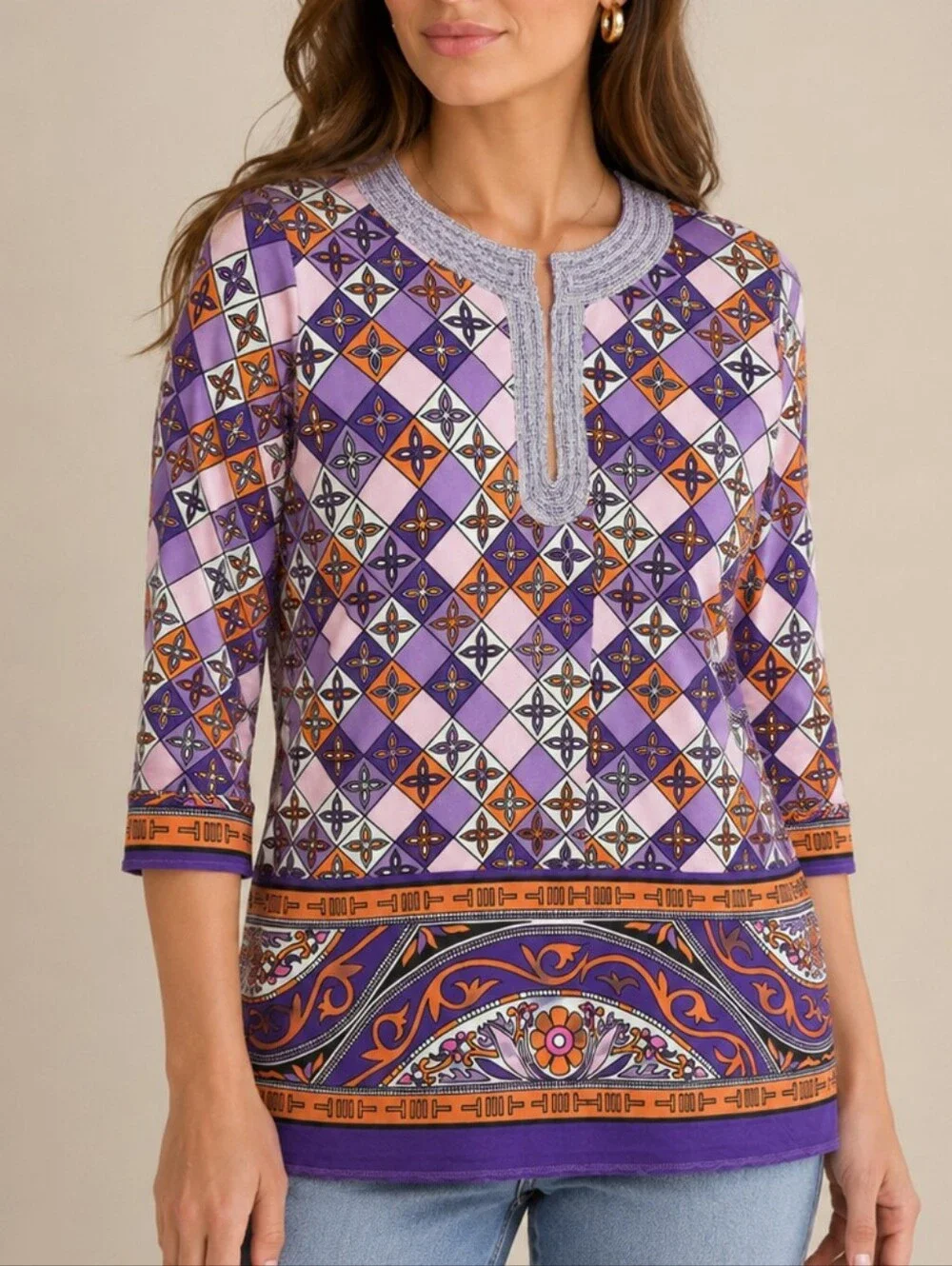 Tory Burch Silk Tunic Top Purple Orange Women Size S Beaded Geometric Boho Chic